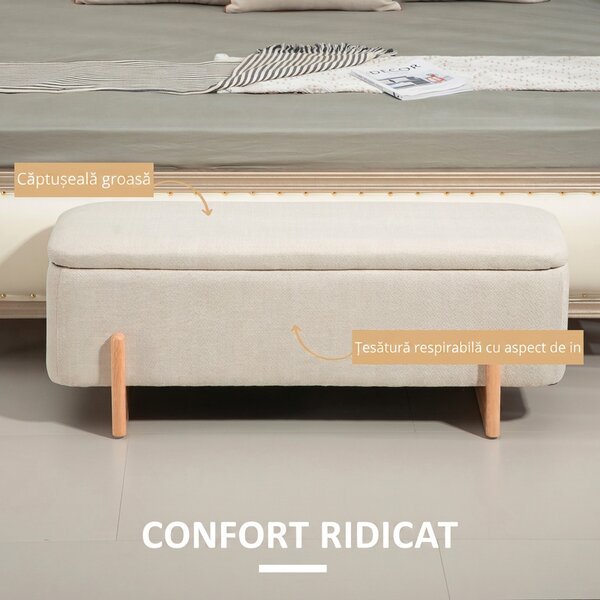 HOMCOM Banchetă cu Depozitare 111x44x44,5 cm, Șezut Tapițat, Material cu Efect de In, Picioare din Lemn, 150 kg, Crem | Aosom Romania