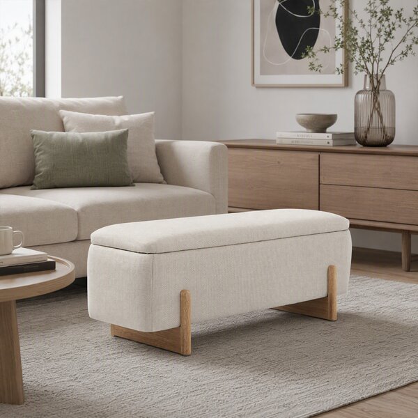 HOMCOM Banchetă cu Depozitare 111x44x44,5 cm, Șezut Tapițat, Material cu Efect de In, Picioare din Lemn, 150 kg, Crem | Aosom Romania