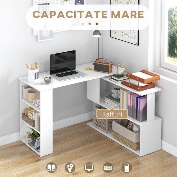 HOMCOM Masă Birou Colt cu 5 Rafturi Spațioase, Design Contemporan, Alb, 120x100x74 cm | Aosom Romania