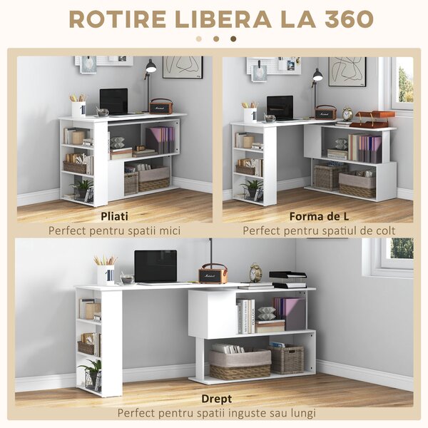 HOMCOM Masă Birou Colt cu 5 Rafturi Spațioase, Design Contemporan, Alb, 120x100x74 cm | Aosom Romania