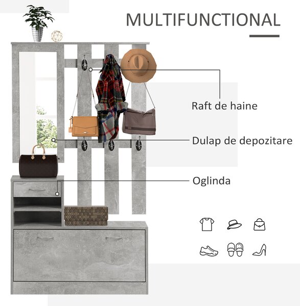 Mobile Garderoba pentru Intrare si Dormitor, cu Cuier cu 6 Carlige, Pantofar Reglabil si Oglinda, Gri ciment, 90x22x116 cm Gri ciment | Aosom Romania