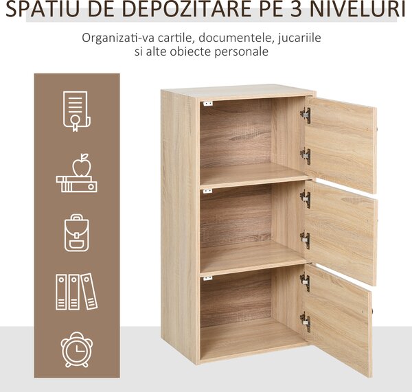 Dulap din lemn cu 3 Rafturi, cu Usii si Manere Rotunde Organizator Acasa Birou Sufragerie HOMCOM | Aosom RO
