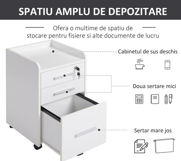 Comoda Suport pentru Documente de Birou cu 3 Sertare Etajera 5 Roti Alb HOMCOM | Aosom RO