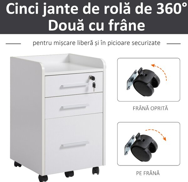 Comoda Suport pentru Documente de Birou cu 3 Sertare Etajera 5 Roti Alb HOMCOM | Aosom RO