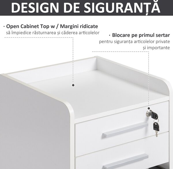 Comoda Suport pentru Documente de Birou cu 3 Sertare Etajera 5 Roti Alb HOMCOM | Aosom RO
