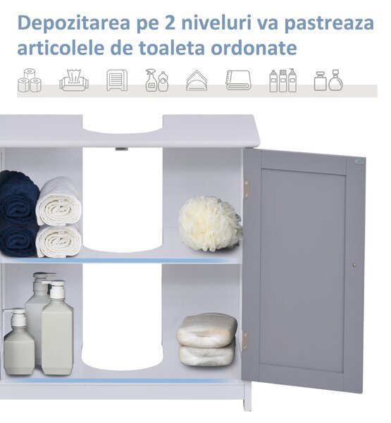 Kleankin Dulap Sub Chiuvetă Baie U-Shape 2 Uși Etajeră Reglabilă MDF Alb Gri 60x30x60cm | Aosom Romania