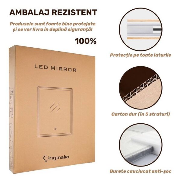 Oglindă LED Rotundă (Diametru 60 cm), 3 Moduri Iluminare (Lumină Rece, Naturală, Caldă), Intensitate Reglabilă, Funcție Dezaburire, Control Tactil (Touch)