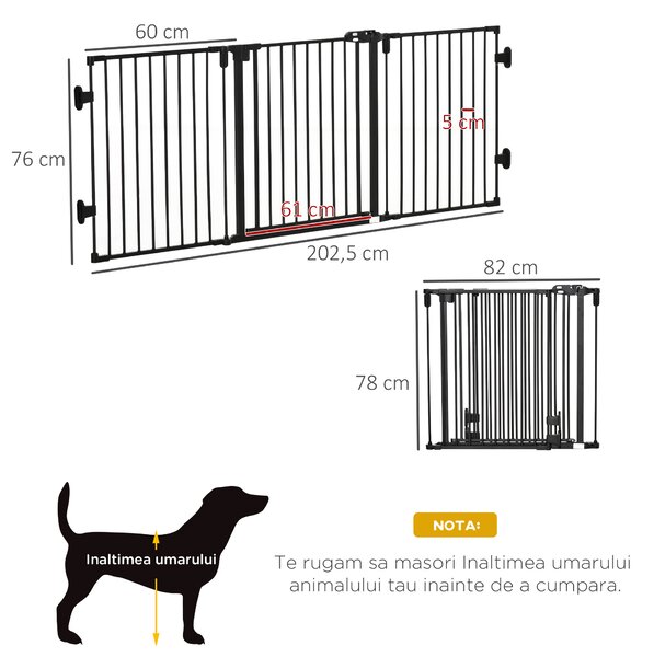 PawHut Poartă de Siguranță Pliabilă Oțel Închidere/Blocare Automată 202.5x2x76 cm Neagră Ușor de Folosit | Aosom Romania