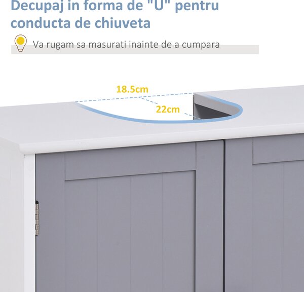 Kleankin Dulap Sub Chiuvetă Baie U-Shape 2 Uși Etajeră Reglabilă MDF Alb Gri 60x30x60cm | Aosom Romania