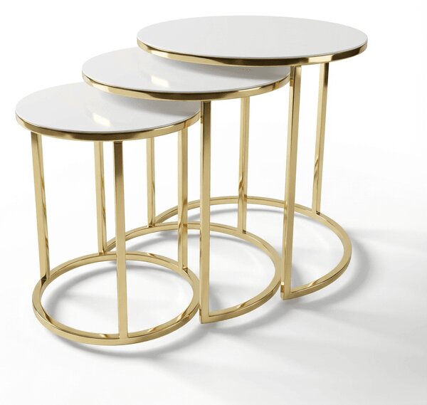 Set Mese de Cafea Rotunde – Design Elegant cu Blat din Sticlă și Structură Metalică Alb- Aur