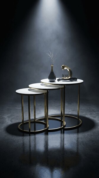 Set Mese de Cafea Rotunde – Design Elegant cu Blat din Sticlă și Structură Metalică Alb- Aur
