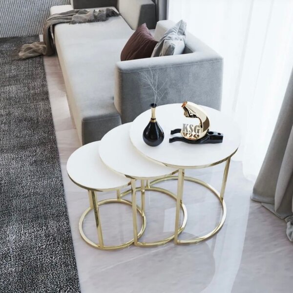 Set Mese de Cafea Rotunde – Design Elegant cu Blat din Sticlă și Structură Metalică Alb- Aur