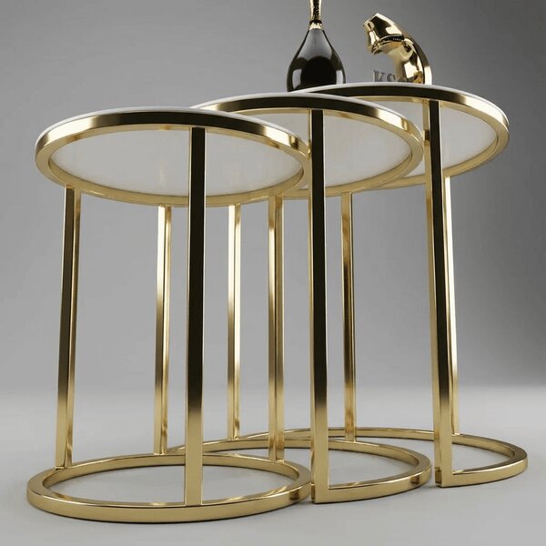 Set Mese de Cafea Rotunde – Design Elegant cu Blat din Sticlă și Structură Metalică Alb- Aur