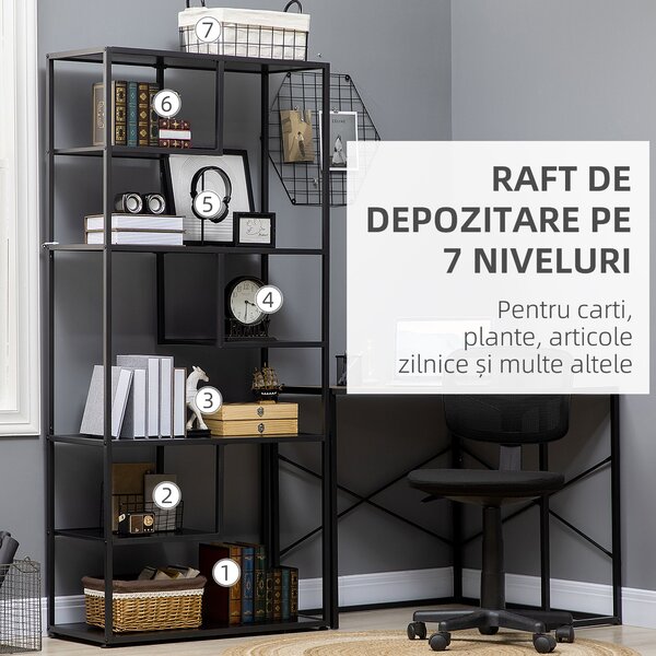 Biblioteca cu 7 nivele din PAL si otel pentru sufragerie, dormitor si birou, 83x34x180 cm, negru HOMCOM | Aosom Romania
