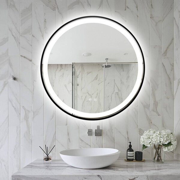 Oglindă LED Rotundă (Diametru 70 cm), 3 Moduri Iluminare (Lumină Rece, Naturală, Caldă), Intensitate Reglabilă, Funcție Dezaburire, Ramă Aluminiu, Control Tactil (Touch)