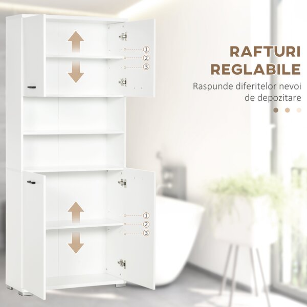 Kleankin Dulap pentru Baie din PAL, Design Anti-Răsturnare, cu 2 Dulapioare și 2 Rafturi Deschise, 80x33.5x190 cm, Alb | Aosom Romania