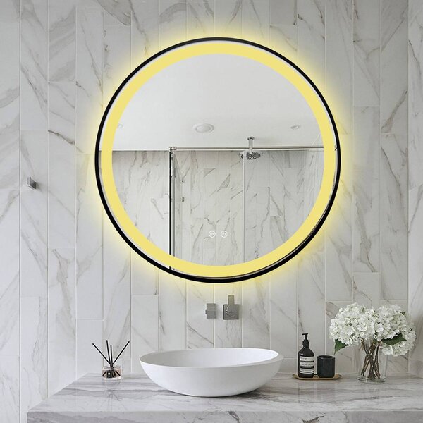 Oglindă LED Rotundă (Diametru 70 cm), 3 Moduri Iluminare (Lumină Rece, Naturală, Caldă), Intensitate Reglabilă, Funcție Dezaburire, Ramă Aluminiu, Control Tactil (Touch)