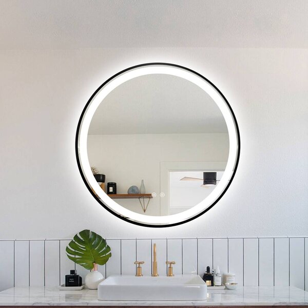 Oglindă LED Rotundă (Diametru 70 cm), 3 Moduri Iluminare (Lumină Rece, Naturală, Caldă), Intensitate Reglabilă, Funcție Dezaburire, Ramă Aluminiu, Control Tactil (Touch)