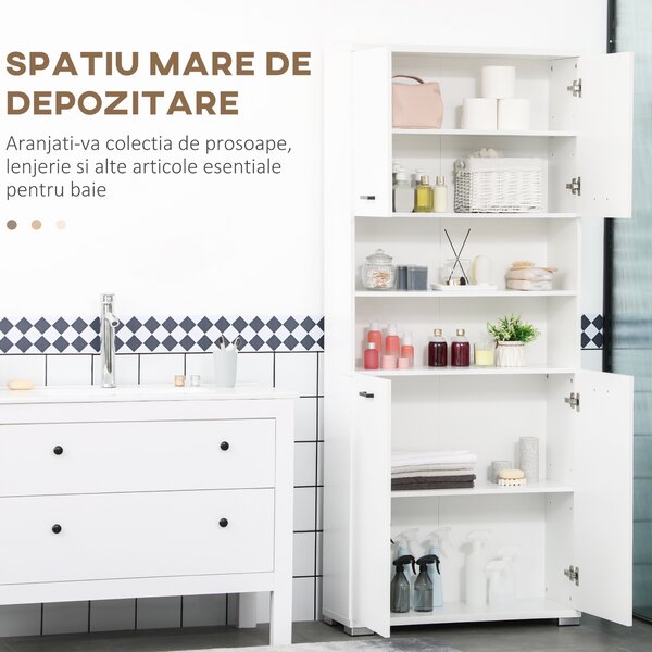 Kleankin Dulap pentru Baie din PAL, Design Anti-Răsturnare, cu 2 Dulapioare și 2 Rafturi Deschise, 80x33.5x190 cm, Alb | Aosom Romania