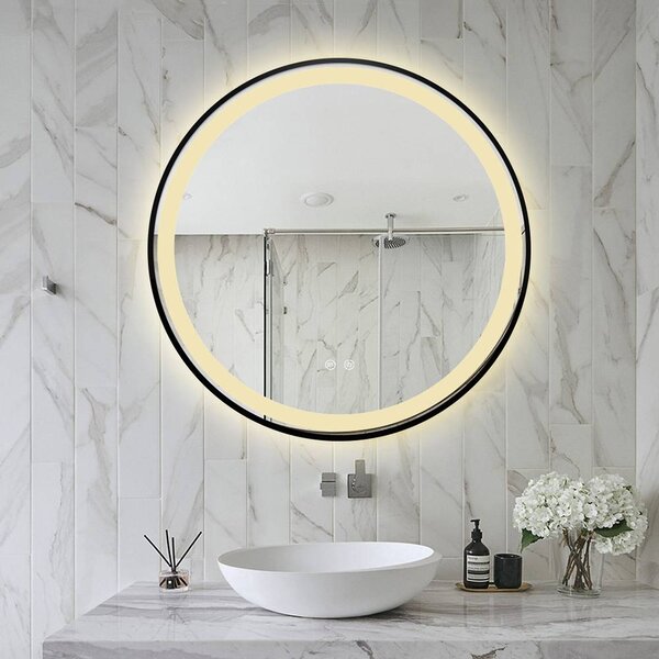 Oglindă LED Rotundă (Diametru 70 cm), 3 Moduri Iluminare (Lumină Rece, Naturală, Caldă), Intensitate Reglabilă, Funcție Dezaburire, Ramă Aluminiu, Control Tactil (Touch)