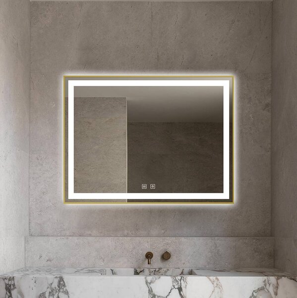 Oglindă LED Dreptunghiulară (80x60 cm), 3 Moduri Iluminare (Lumină Rece, Naturală, Caldă), Intensitate Reglabilă, Funcție Dezaburire, Ramă Aluminiu, Control Tactil (Touch)