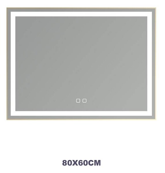 Oglindă LED Dreptunghiulară (80x60 cm), 3 Moduri Iluminare (Lumină Rece, Naturală, Caldă), Intensitate Reglabilă, Funcție Dezaburire, Ramă Aluminiu, Control Tactil (Touch)