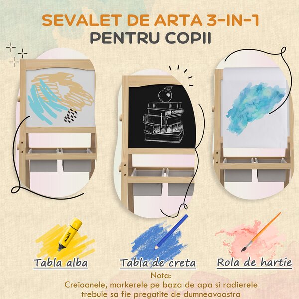 AIYAPLAY Sevalet Creativ 3 în 1 pentru Copii, cu Rola de Hârtie, Tablă pentru Creion și Cretă, Educațional, Lemn Natural, 3-6 Ani | Aosom Romania