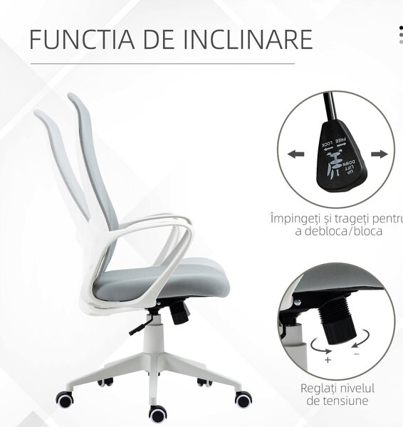 Vinsetto Scaun de Birou Ergonomic și Tapitat, Înălțime Reglabilă, Funcție de Înclinare, 62x56x110-119.5 cm, Gri | Aosom Romania