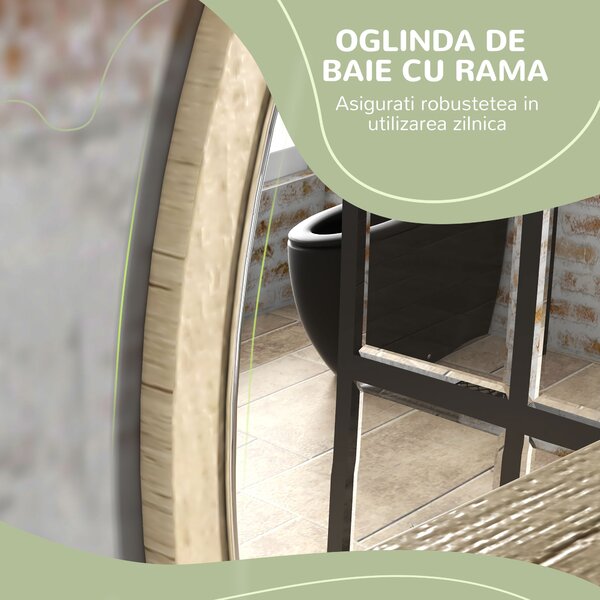 Kleankin Oglindă de Baie Rotundă din PAL și Sticlă cu Raft pentru Depozitare și 2 Cârlige pentru Fixare, Ø45x10 cm, Lemn Natural | Aosom Romania