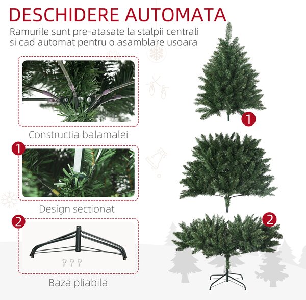 Pom Artificial de Craciun inalt, Decor Pom de Craciun cu 800 de Crengute, Deschidere Automata, Verde, HOMCOM | Aosom Romania