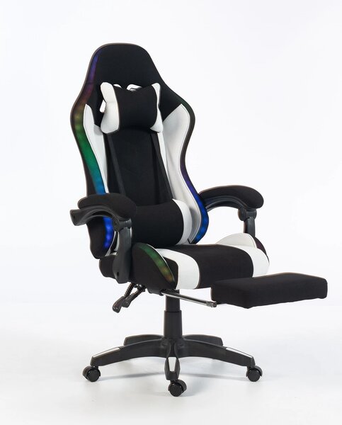 ALFORD Scaun gaming cu Masaj in 5 puncte, Perna lombara cu Masaj, Sistem iluminare banda LED RGB, Boxe Bluetooth, suport picioare, textil, Negru