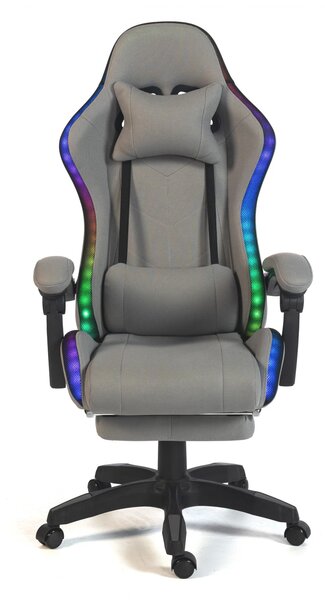 ALFORD Scaun gaming cu Masaj in 5 puncte, Perna lombara cu Masaj, Sistem iluminare banda LED RGB, Boxe Bluetooth, suport picioare, textil, Gri