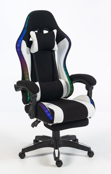 ALFORD Scaun gaming cu Masaj in 5 puncte, Perna lombara cu Masaj, Sistem iluminare banda LED RGB, Boxe Bluetooth, suport picioare, textil, Negru