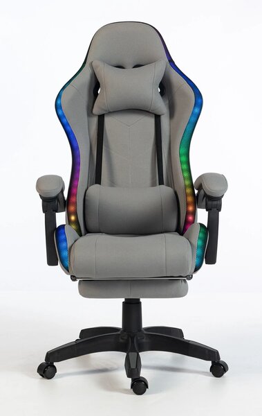 ALFORD Scaun gaming cu Masaj in 5 puncte, Perna lombara cu Masaj, Sistem iluminare banda LED RGB, Boxe Bluetooth, suport picioare, textil, Gri