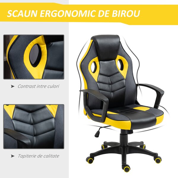 Vinsetto Scaun de Gaming Ergonomic Rotativ cu Roți din Piele Ecologică Negru și Galben Înălțime Ajustabilă | Aosom Romania