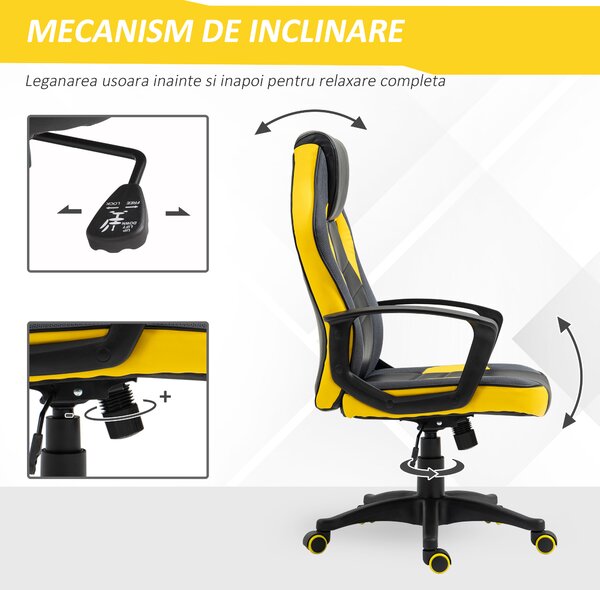 Vinsetto Scaun de Gaming Ergonomic Rotativ cu Roți din Piele Ecologică Negru și Galben Înălțime Ajustabilă | Aosom Romania