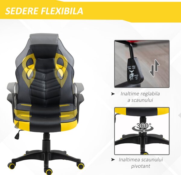Vinsetto Scaun de Gaming Ergonomic Rotativ cu Roți din Piele Ecologică Negru și Galben Înălțime Ajustabilă | Aosom Romania
