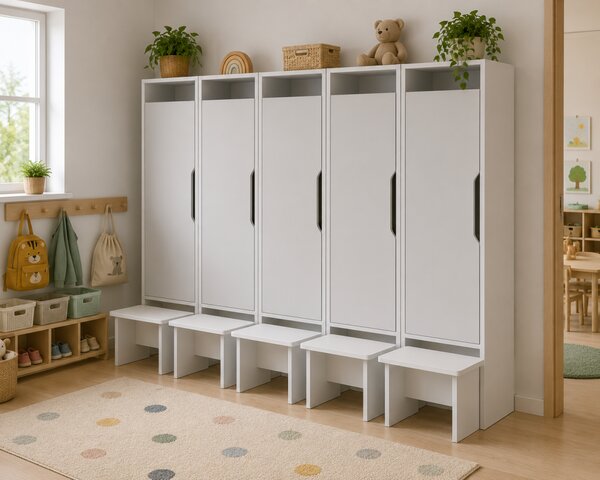 Dulap pentru copii cu bancă, mobilier pentru vestiar destinat grădinițelor – alb