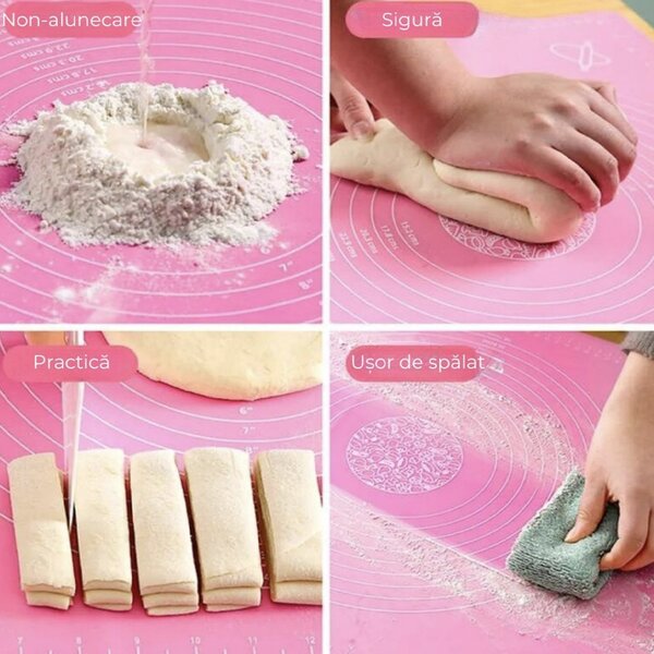 Plansa modelatoare din silicon Pufo Paste pentru masurat, rulat sau framantat aluat de patiserie, cofetarie, brutarie, 69 x 49 cm, roz
