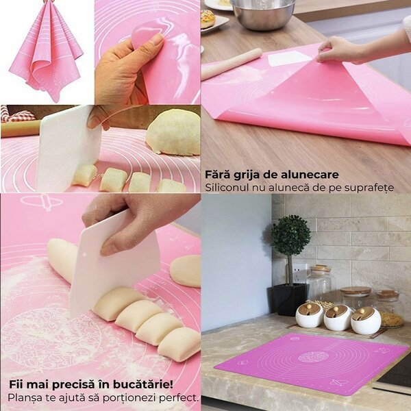 Plansa modelatoare din silicon Pufo Paste pentru masurat, rulat sau framantat aluat de patiserie, cofetarie, brutarie, 69 x 49 cm, roz