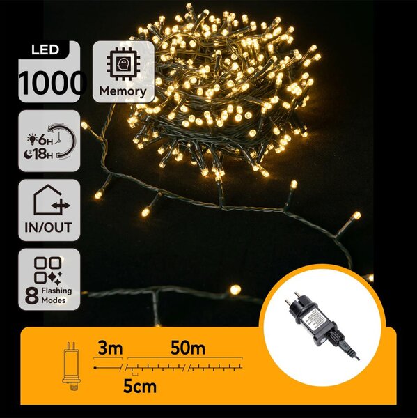 Aigostar - Ghirlandă LED pentru exterior, 1000 LED / 8 funcții, 53 m, IP44, alb cald