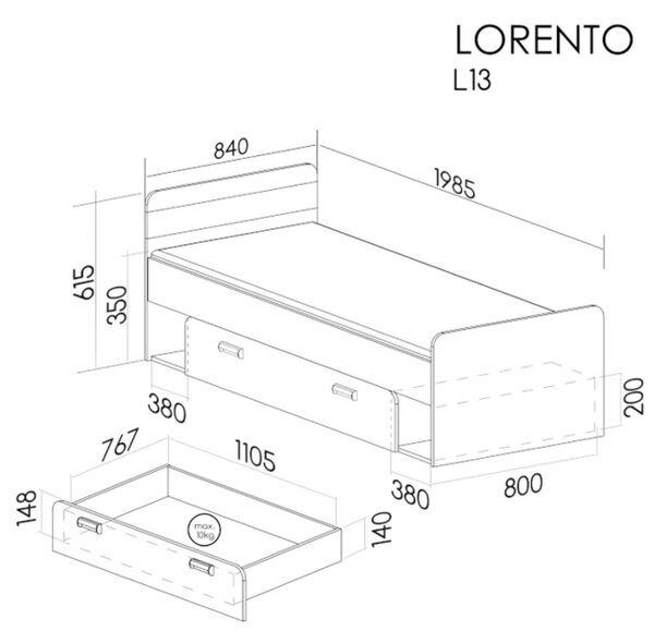 Pat single cu sertar pentru camera copiilor Lorento L13, alb/stejar nash (80x195 cm)