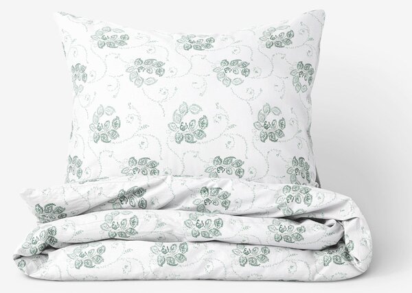 Goldea lenjerie de pat din flanel - ornamente florale verde închis pe alb 140 x 200 și 70 x 90 cm