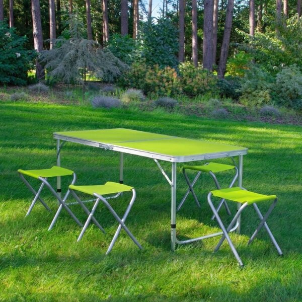 Set mobilier de camping pliabil, Jumi, verde, masă cu picioare reglabile și 4 tabureți