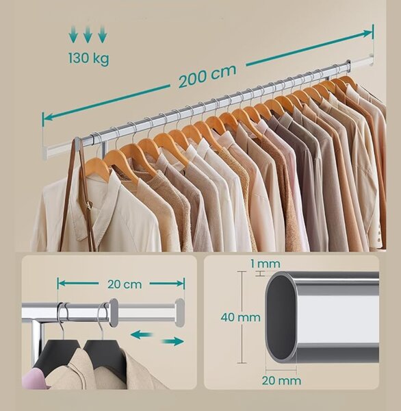Umeraș pentru haine DOLLY pe roți, max. 150 kg, 45x160-200x161,5cm, argintiu SongmicsHome