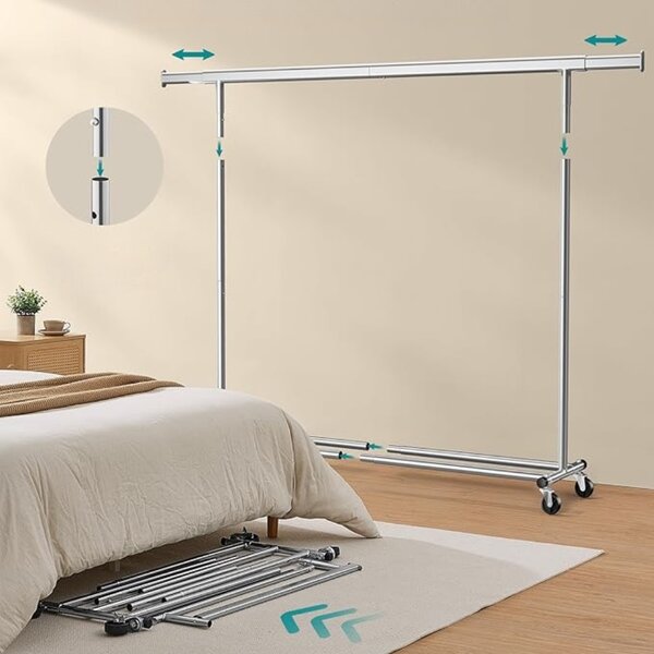Umeraș pentru haine DOLLY pe roți, max. 150 kg, 45x160-200x161,5cm, argintiu SongmicsHome