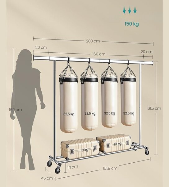 Umeraș pentru haine DOLLY pe roți, max. 150 kg, 45x160-200x161,5cm, argintiu SongmicsHome