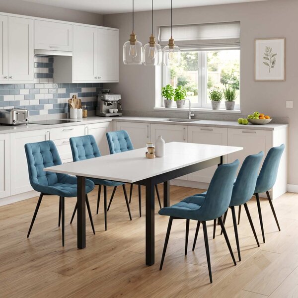 Set masă extensibilă Mara Alb 170x75 cm cu 6 scaune Onix Turcoaz