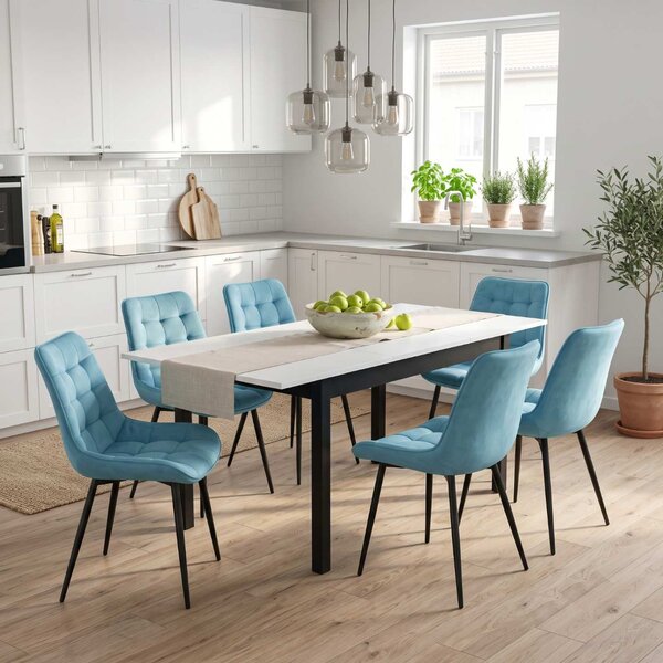 Set masă extensibilă Mara Alb 170x75 cm cu 6 scaune Onix Turcoaz Deschis