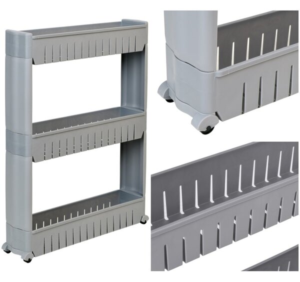 Raft depozitare, 3 polite, baie/bucatarie, roti, design modular, gri